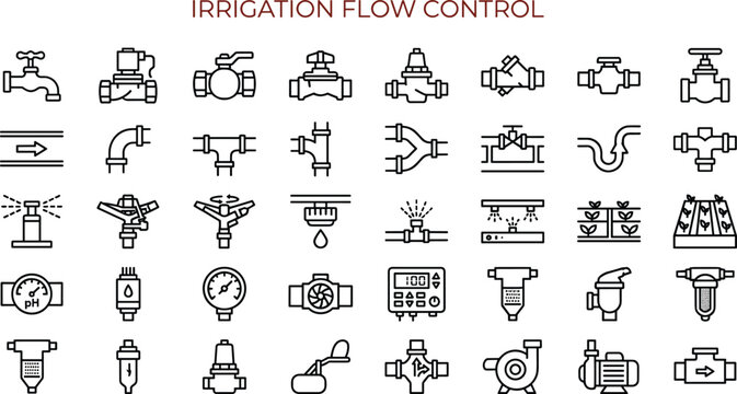 Irrigation Flow Control Icons Collection with Water Distribution Equipment and Agricultural Pipeline System Components