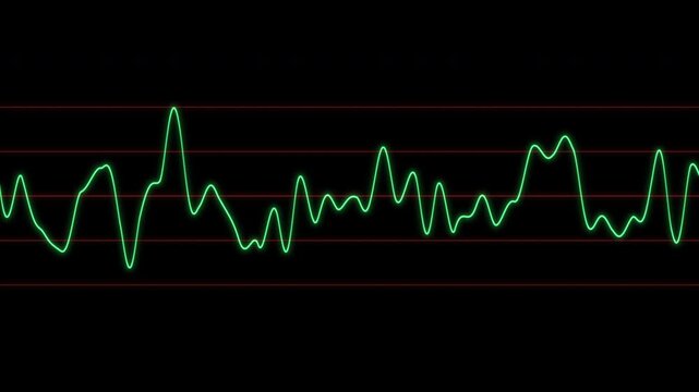 Green glowing audio waveform with red guide lines on black background. Abstract sound spectrum loop for music visuals, voice analysis, data monitoring, technology screens, VJ graphics