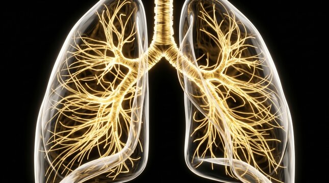 Detailed glowing illustration of human lungs and respiratory system isolated on dark background for healthcare, anatomy, and medical education concepts.
