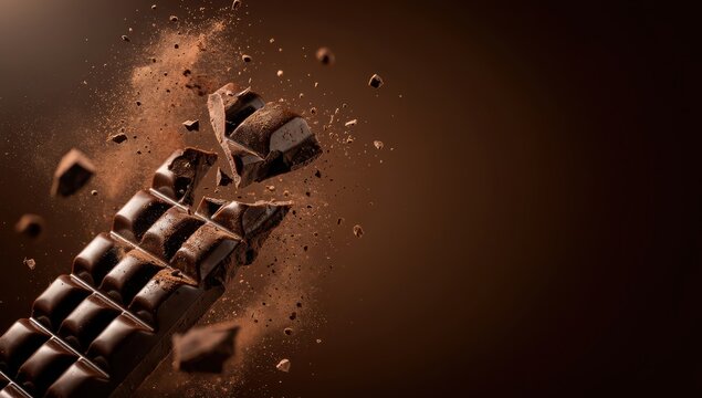 Dark chocolate bar pieces breaking apart exploding cocoa powder
