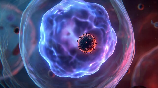 Microscopic Battle AUTOPHAGY Cellular Response Against HANTAVIRUS Infection in a Vibrant Biological Environment, Cinematic Illustration