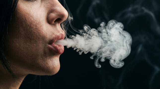 Close-up of a businesswoman exhaling thick smoke isolated on a solid black background, conceptual image of corporate stress, professional burnout, and mysterious moody atmosphere
