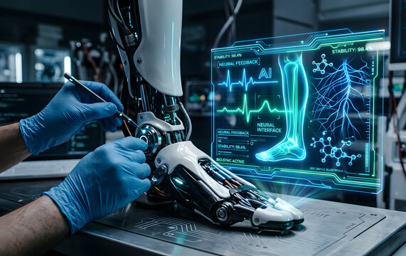 Robotics engineer in blue gloves assembling a futuristic robotic leg with AI control hologram.