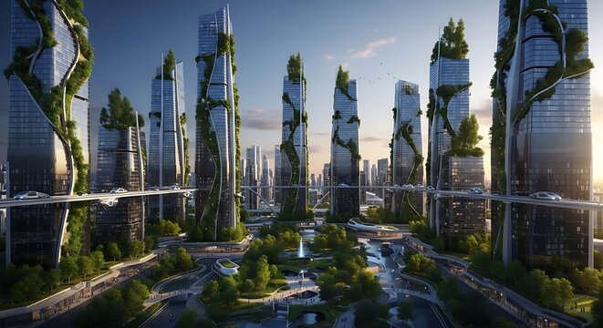 Futuristic cityscape with towering skyscrapers and lush greenery in a digital forest setting