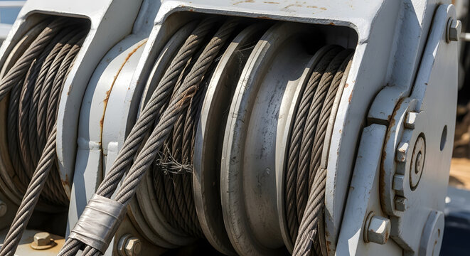 steel cable winch drum with wound wire rope industrial machinery detail