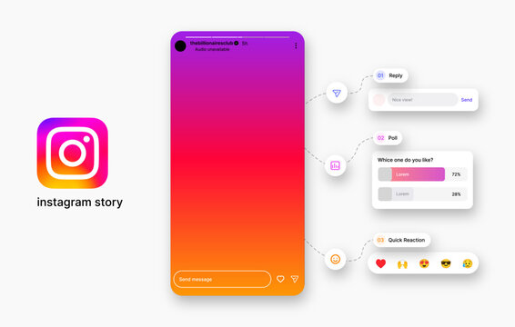 Instagram story interface design with reply poll and quick reaction features featuring social media engagement template mobile UI and interactive story elements