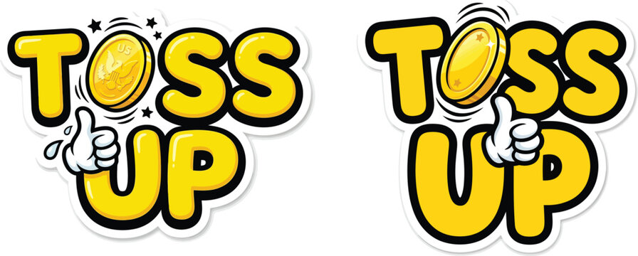 Toss up text logo design with gold coin and thumbs up hand gesture