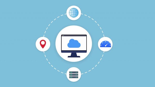 Animated cloud computer network illustration featuring connected location, database, dashboard, and digital service icons in a smooth looping technology scene.