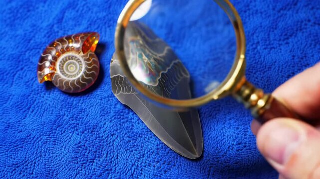 Close-up video: hand with brass magnifying glass examines intricate belemnite, shark tooth, and ammonite fossils on royal blue fabric. Paleontological discovery