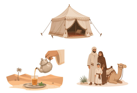 Vsai arab family with camel, bedouin tent, pouring tea