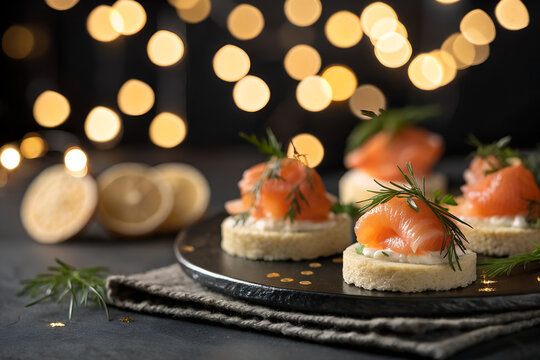  Smoked salmon canapes with cream cheese and dill on small round toasts served on a dark plate with warm festive golden bokeh lights for holiday dinner
      generative ai