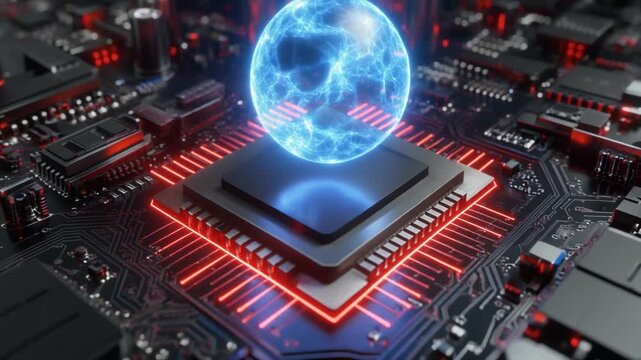 Futuristic metallic microchip with glowing red edges and radiant blue energy sphere above, symbolizing advanced computing power and digital innovation.