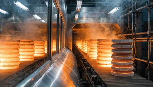 Medium shot of a belt furnace in operation showcasing ceramic stacks moving steadily through the hightemperature sintering process under a controlled atmosphere.