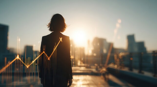 Business woman looking at financial graph on city skyline sunset
