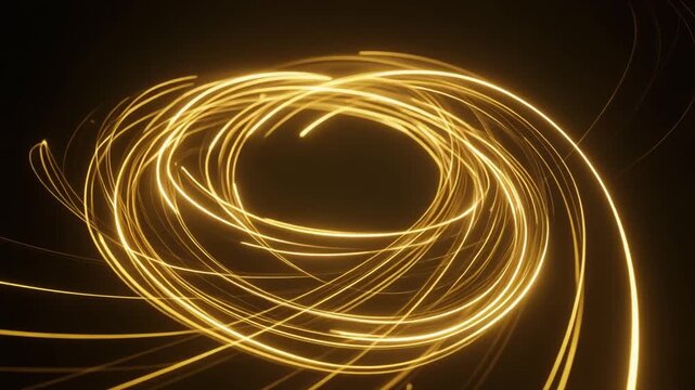 Golden light trails intertwining smoothly on dark background, forming abstract luminous curves that symbolize energy flow, elegance, and creative motion.
