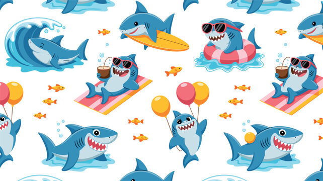 Cute cartoon blue sharks summer beach activities seamless pattern vector flat ocean background illustration