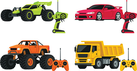 Remote Control Vehicle Collection with Monster Truck, Sports Car, Dump Truck, and Offroad Racing Toy Vector Illustration Set © MstSuborna