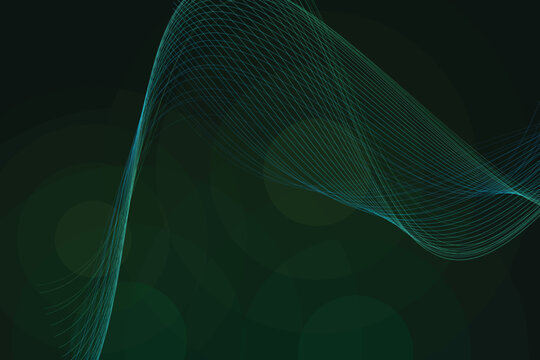 Flowing teal and green wireframe lines on dark green background, abstract blue curves