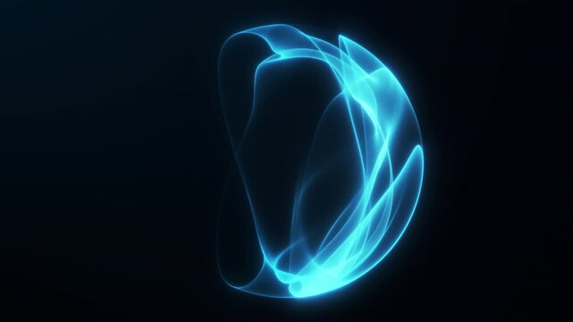 Cyan glowing transparent sphere with smooth flowing light ribbons on dark background. Futuristic digital orb for AI technology visuals, science concepts, cyber interfaces