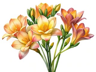 Fototapeta premium Beautiful bouquet of orange and yellow flowers - Fresh cluster of vibrant orange and yellow blooms with green leaves arranged naturally