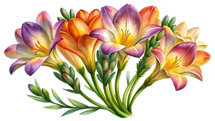Fototapeta premium Colorful lilies bouquet illustration - Beautiful watercolor style lilies bouquet with soft pastel colors and green leaves.