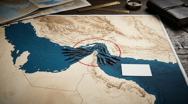 Miniature naval fleet maneuvering on tactical map circled at Strait of Hormuz