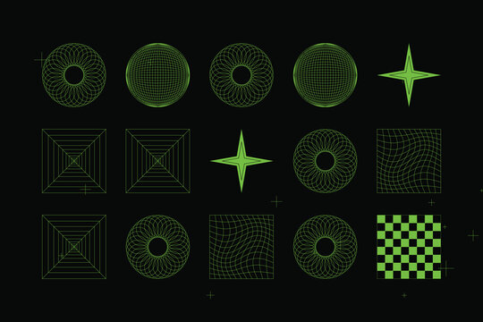 Green wireframe circles, squares, and star patterns on black background, green wireframes