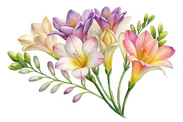 Obraz premium Watercolor flowers bouquet with green leaves - Soft watercolor illustration of pastel flowers in a delicate bouquet with green foliage.