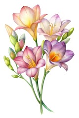 Obraz premium Watercolor bouquet of pink and purple flowers - A delicate watercolor illustration of a mixed bouquet with soft pink and purple flowers and green leaves.