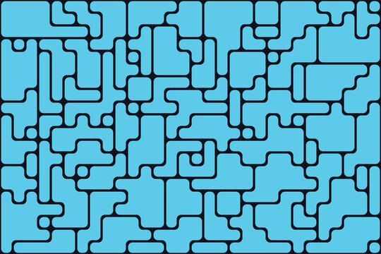 Seamless pattern of interlocking cyan shapes with rounded corners on dark background abstract