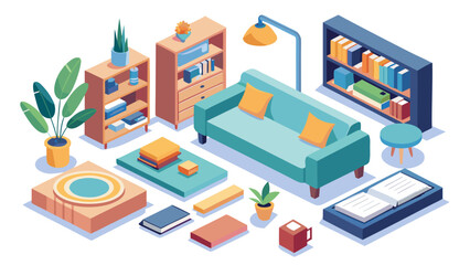 Fototapeta premium Set of isometric living room furniture, including a sofa and armchair, a sleeping bed, a bookcase with books, and a coffee table with a potted plant on top, all set against a white background. vector