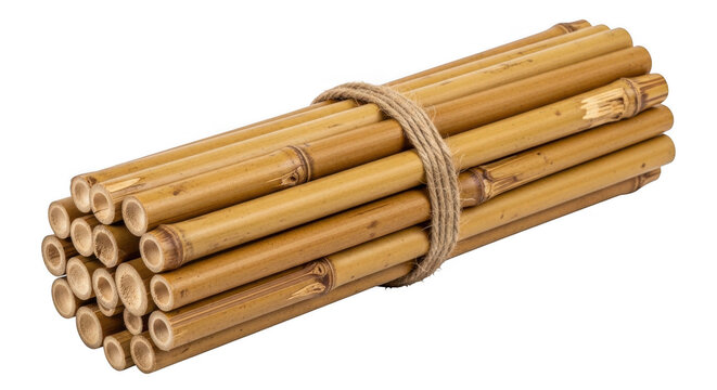 Bundle of natural bamboo sticks tied with rope isolated on transparent background