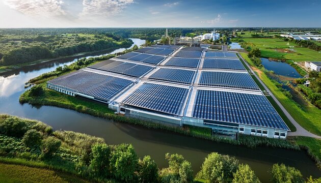 aerial view capture of a large scale data center with solar panels located near a river and surrounded by green areas