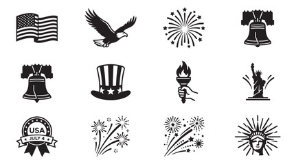Symbols patriotic independence day with fireworks and statues featuring American flag, bald eagle, liberty bell with Uncle Sam hat and Statue of © Farjana