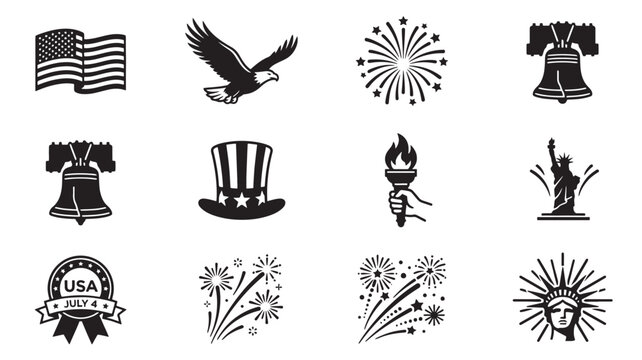 Symbols patriotic independence day with fireworks and statues featuring American flag, bald eagle, liberty bell with Uncle Sam hat and Statue of