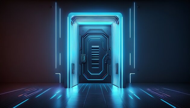 futuristic neon door glowing in dark cyberpunk aesthetic sci fi entrance modern abstract background illuminated gateway surreal light portal mystery doorway 3d render