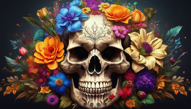 skull adorned with colorful flowers representing life and death in a striking contrast of nature and mortality