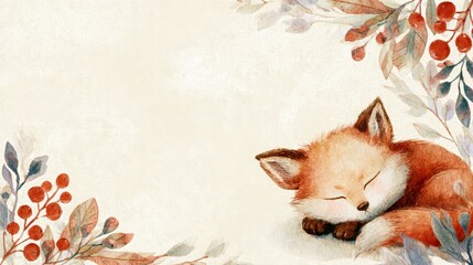 Fototapeta premium Adorable watercolor baby fox sleeping beside blank greeting card framed leaves berries