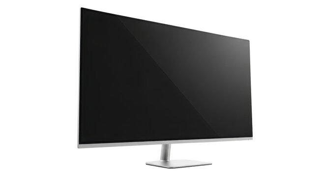 A sleek and modern computer monitor with a black screen on a transparent background
