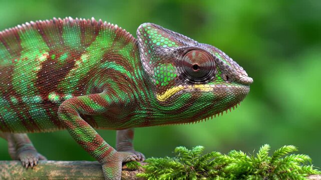 Extreme close-up macro video of a magnificent Panther Chameleon (Furcifer pardalis) on a mossy branch, its vibrant iridescent skin and unique eyes. Soft, dappled light on lush rainforest bokeh.