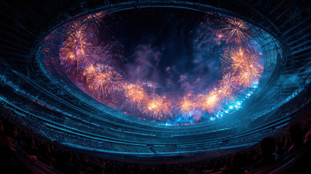 Holiday celebration event. A vibrant, highresolution digital artwork of a stadium illuminated by a spectacular display of fireworks. The audience is captivated by the spectacle.