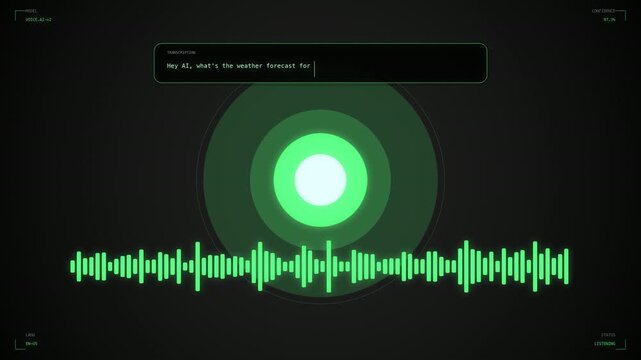 Neon green voice AI assistant interface with pulsing orb spectrum analyzer waveform and live transcription card, Siri Alexa voice recognition smart speaker background, seamless loop animation