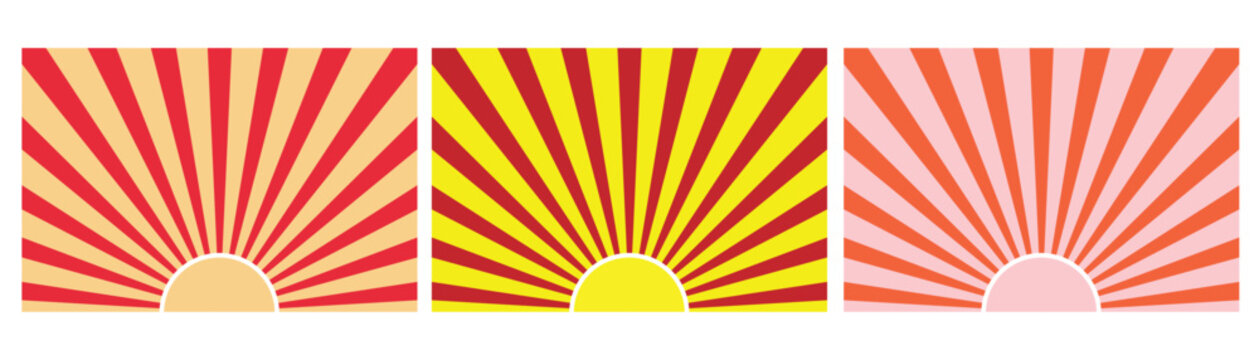 Set of 3 colorful half sun background. abstract background with stripes. Groovy retro abstract sun background set with bright sunburst. 