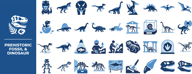 Dinosaur Skeleton and Excavation flat icon set. Featuring fossil dig, bone skeleton, amber gem, footprint, and raptor claw symbols. Editable stroke vector icons for archaeology exhibit. © Pixel_Forge