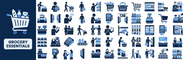 Grocery Shopping and Supermarket flat icon set. Featuring shopping cart, grocery bag, price tag, checkout counter, and basket symbols. Editable stroke vector icons for supermarket app. © Pixel_Forge