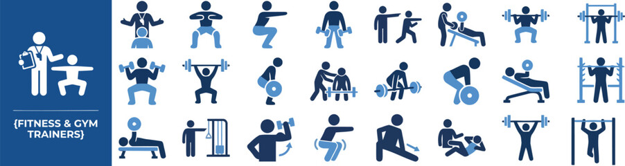 Obraz premium Fitness Trainer and Workout Coach flat icon set. Featuring personal trainer, stretching, lifting form, warm up, and coaching cue symbols. Editable stroke vector icons for personal trainer app.