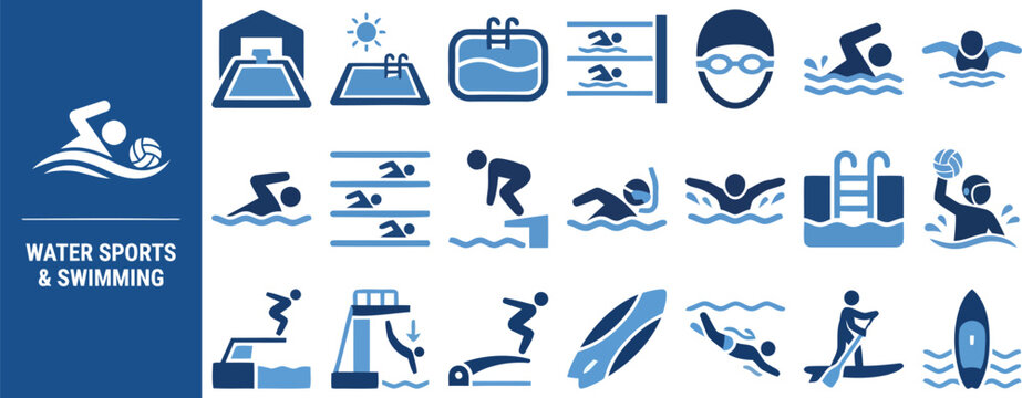 Swimming and Pool Water Sport flat icon set. Featuring swimmer, diving board, swim goggles, pool lane, and life ring symbols. Editable stroke vector icons for swim club and aquatic training center.