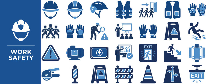 Workplace Safety and Protection flat icon set. Featuring safety helmet, warning sign, first aid, safety vest, and caution cone symbols. Editable stroke vector icons for safety training.