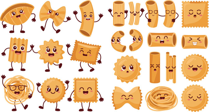 Cute cartoon Italian pasta varieties characters with funny faces vector flat sticker illustration icons set