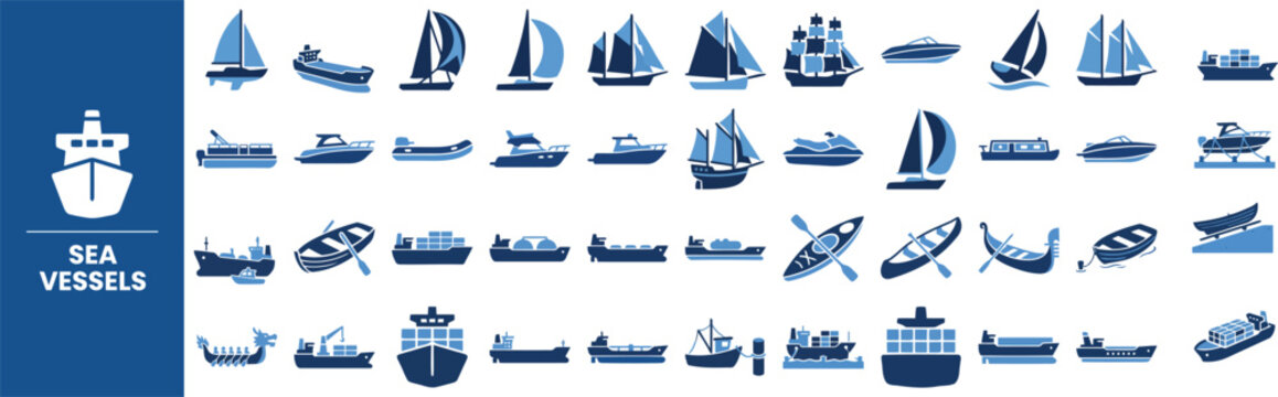 Sea Vessel and Ship Fleet flat icon set. Featuring cargo ship, sailboat, speed boat, lighthouse, and anchor buoy symbols. Editable stroke vector icons for maritime logistics and harbor website.